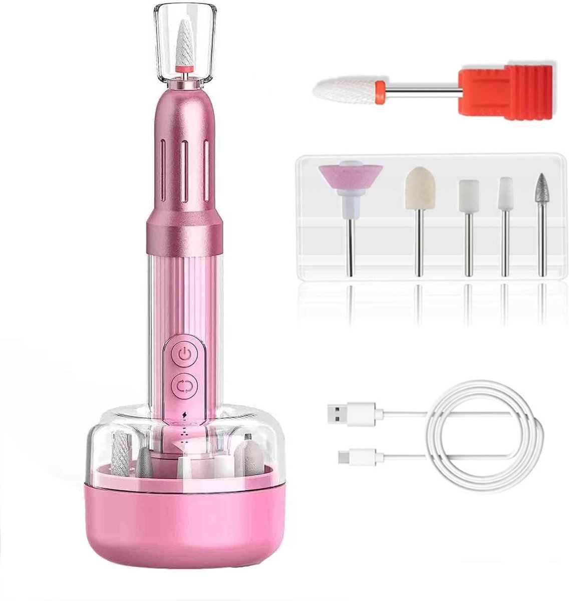 KZQ Elektrische Nagelvijlset Oplaadbaar met 6 Instelbare Snelheden Lang Handvat Nageltrimmer voor Volwassenen Vrouwen Draagbaar USB Nagelverzorgingsapparaat Roze