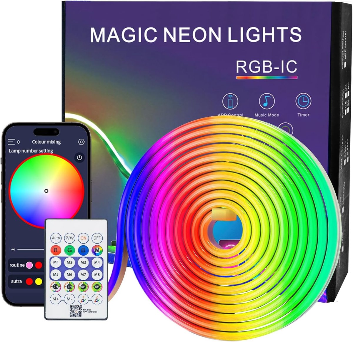SnelShoppen - 2M Neon LED Strip Waterdicht IP67 USB Silicone Flexibele RGB LED Band met APP en Afstandsbediening, Muziek Synchronisatie voor Thuis, Ka