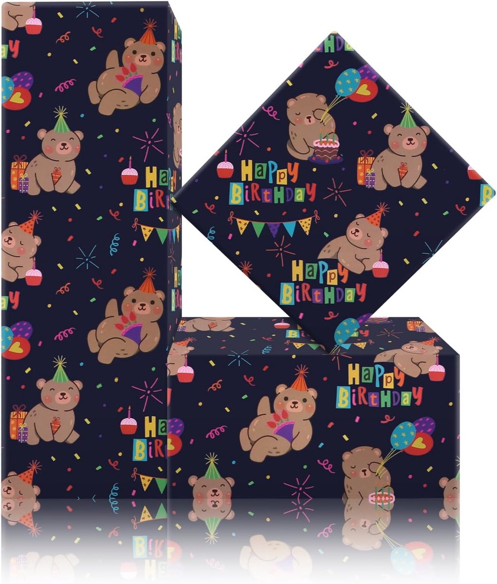 SnelShoppen - Beer Inpakpapier voor Kinderen - Schattige Beer met Verjaardagshoed en Ballon - 4 Vellen Plat Gevouwen 50 x 70 cm - Eco Vriendelijke Ges