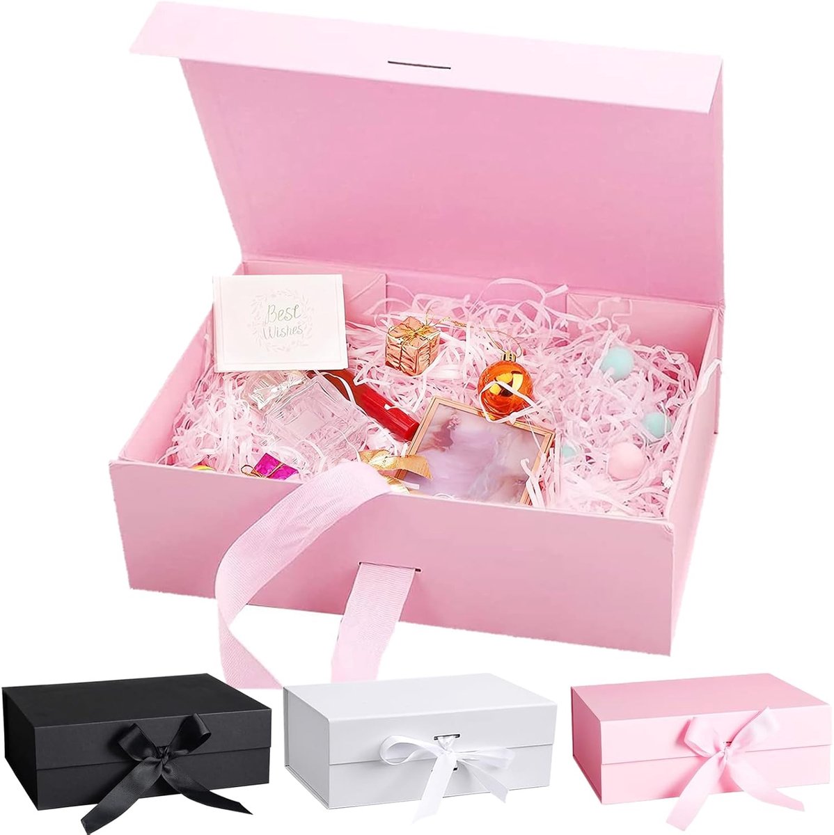 SnelShoppen - Roze Geschenkdoos met Deksel 21 x 17 x 7 cm - Magnetische Vouwdoos met Strik - Perfecte Geschenkverpakking voor Verjaardag, Bruiloft, Va