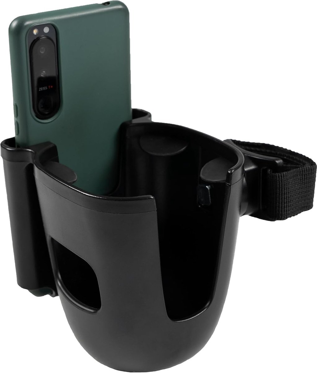 SnelShoppen - Bekerhouder voor Kinderwagen & Buggy met Telefoonhouder - Universele Flessenhouder & Smartphonehouder - 360° Draaibaar - Eenvoudige Klit