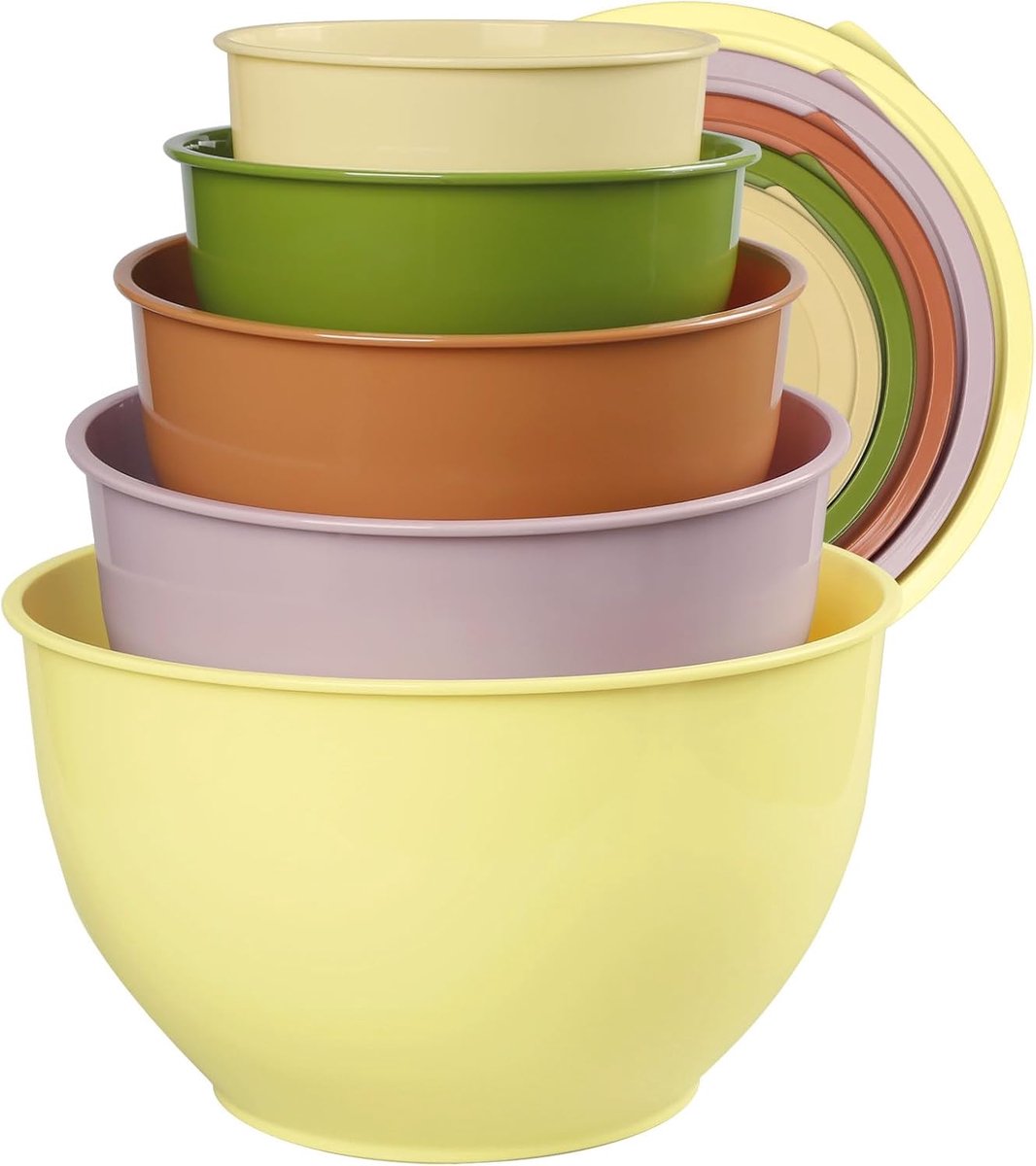 SnelShoppen - Greentainer Saladekom Set met Deksel - Herbruikbaar Plastic Mengkom en Serveerkom - Stapelbare Keukenaccessoires - 5 Stuks in Diverse Ma