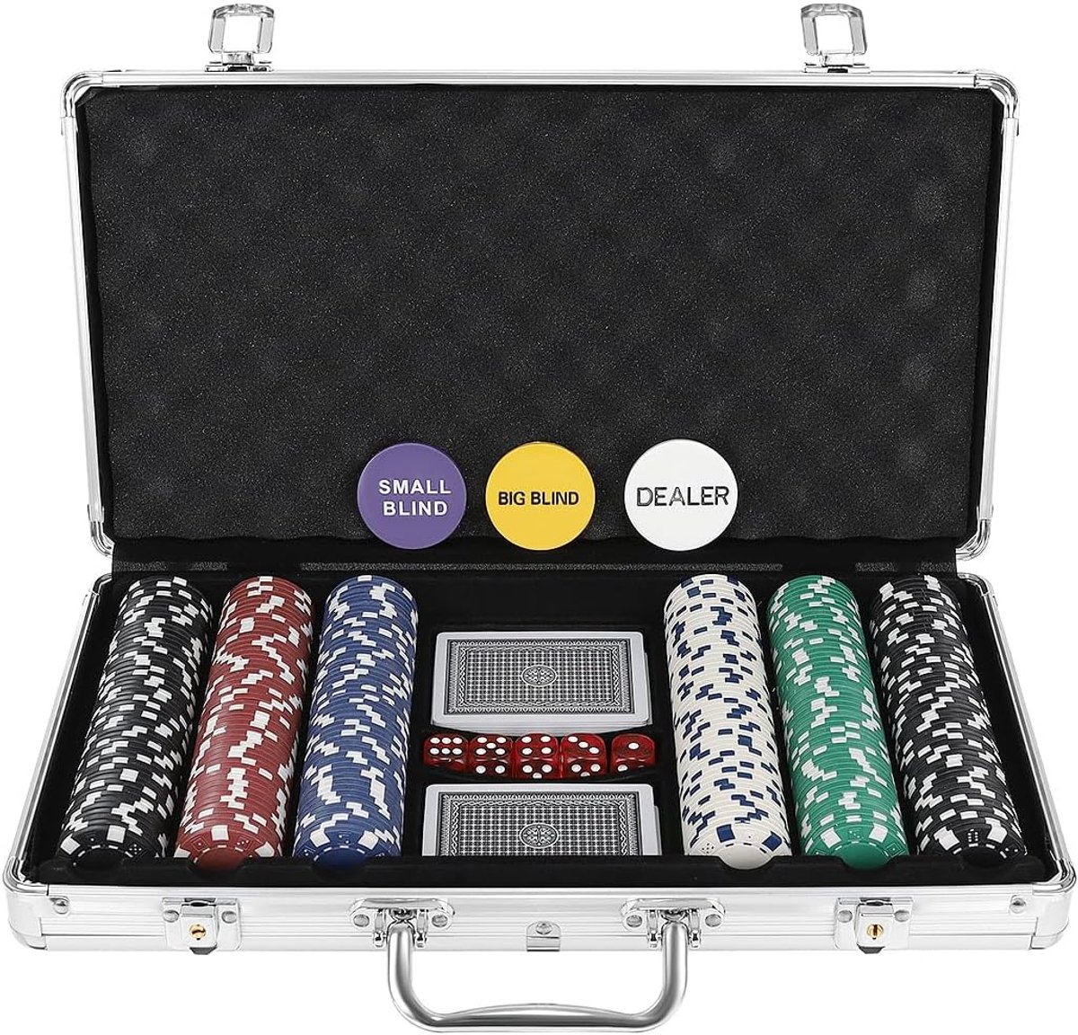 SnelShoppen - Texas Holdem Pokerset 23528 met Aluminium Koffer, 300 Pokerchips, 2 Kaartdecks, 5 Dobbelstenen - Perfect voor Feestjes en Spelavonden!