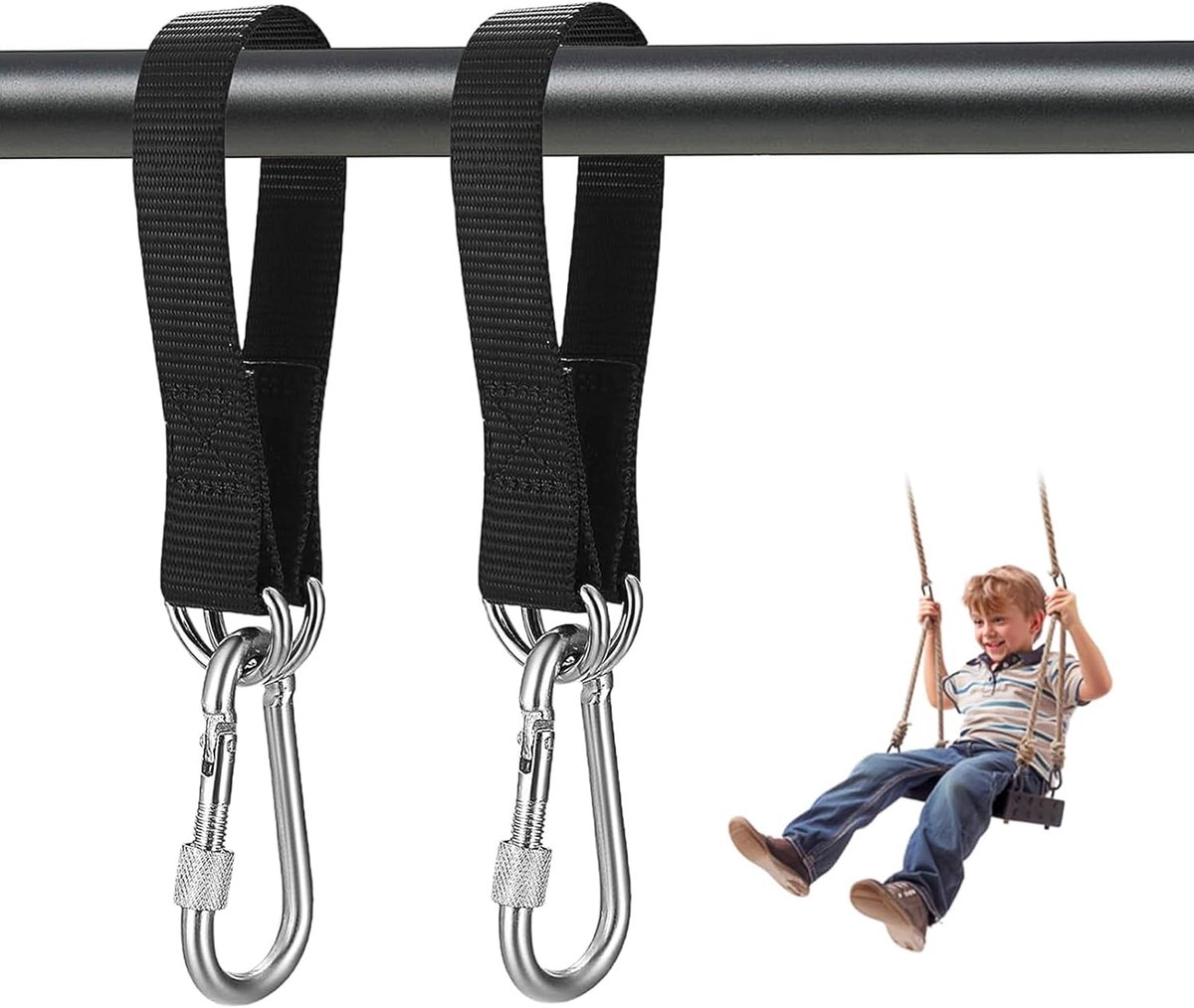 SnelShoppen - 2 stuks Schommel-Hangriemen 55 cm - Zware Boomschommelriemen tot 440 lbs - Nylon, Roestvrijstalen Karabijnhaak - Perfect voor Schommelst
