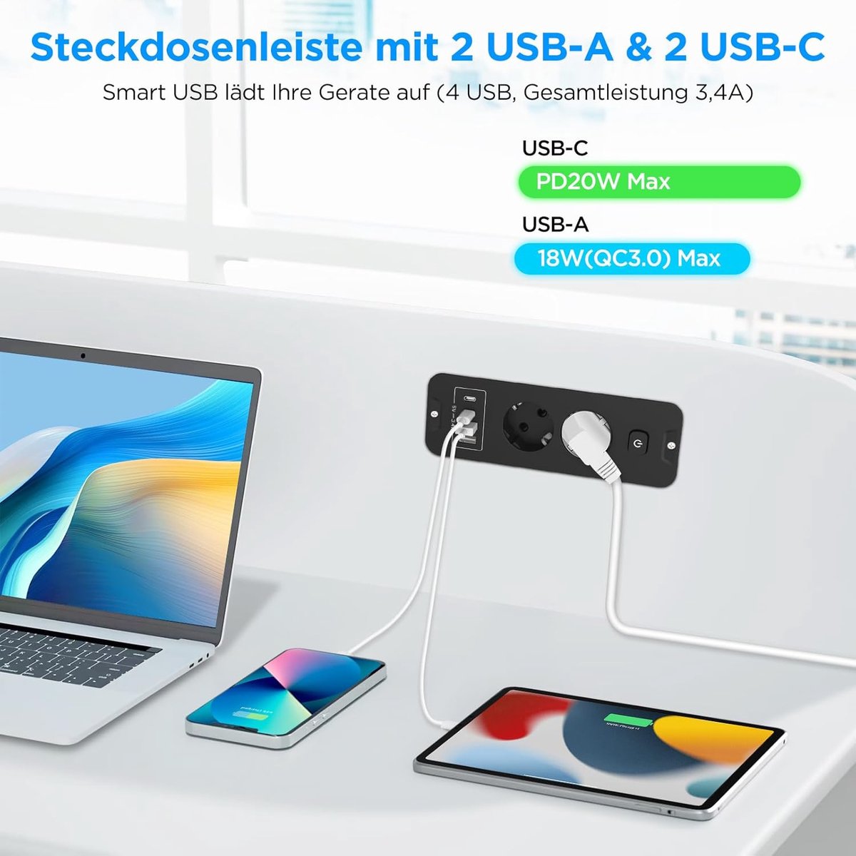 SnelShoppen - Uitschuifbaar Stopcontact met 2 Inbouwstopcontacten, 2 USB A, 2 USB C PD 20W, 4000W, Zwart, 6-in-1 Tafelstekkerdoos met 2m Kabel, Perfec