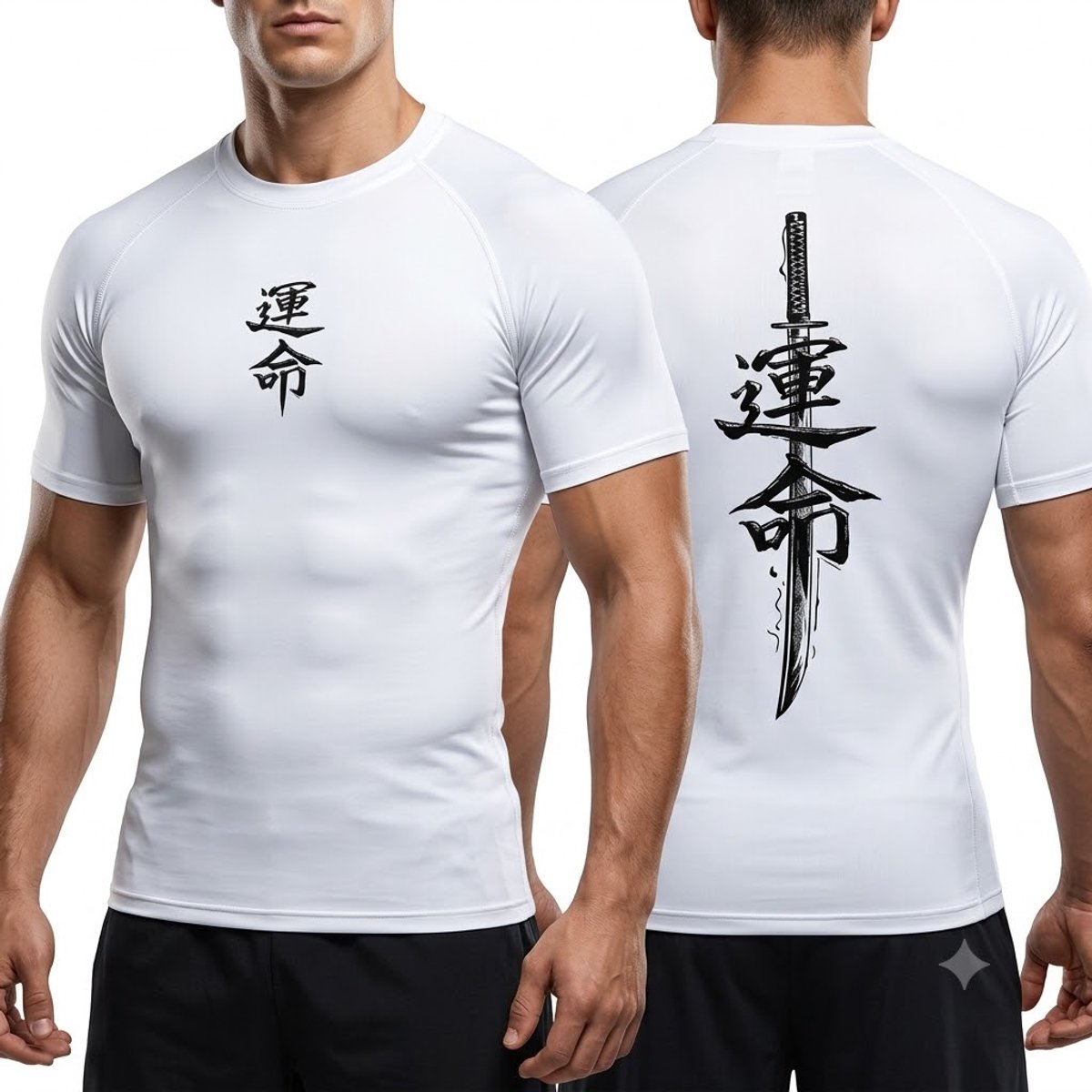 Wit compressie shirt heren dames sportshirt korte mouw vechtsport shirt fitness shirt hardloop shirt aansluitende pasvorm met zwarte rugprint en borstprint maat M
