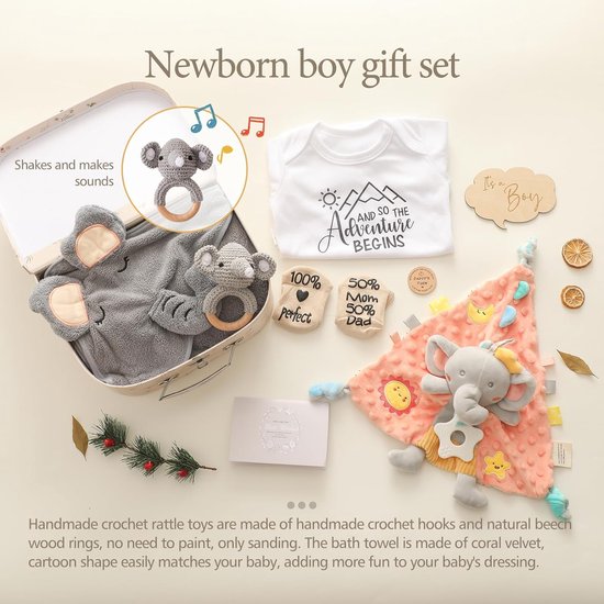 Geschenkset Pasgeboren Jongen: Badhanddoek, Milestones, Deken, Romper en Rammelaar — afbeelding 4