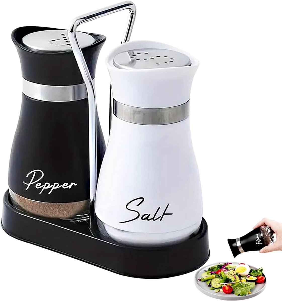SnelShoppen - Zout- en Peperstrooierset met Houder, 120 ml Glazen Bodem, Roestvrijstalen Deksel, Kruidenstrooier voor Keuken en Restaurant, Ideaal voo