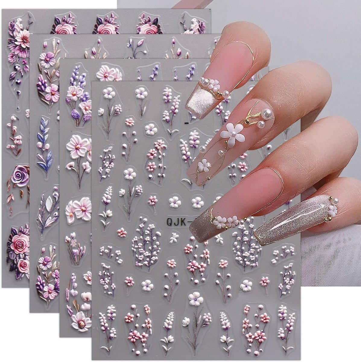 SnelShoppen - 3D Bloem Nagelstickers - 4 Vellen Zelfklevende Nageldecoratie voor Feest, Bruiloft en Dagelijks Gebruik - Makkelijk aan te brengen en La