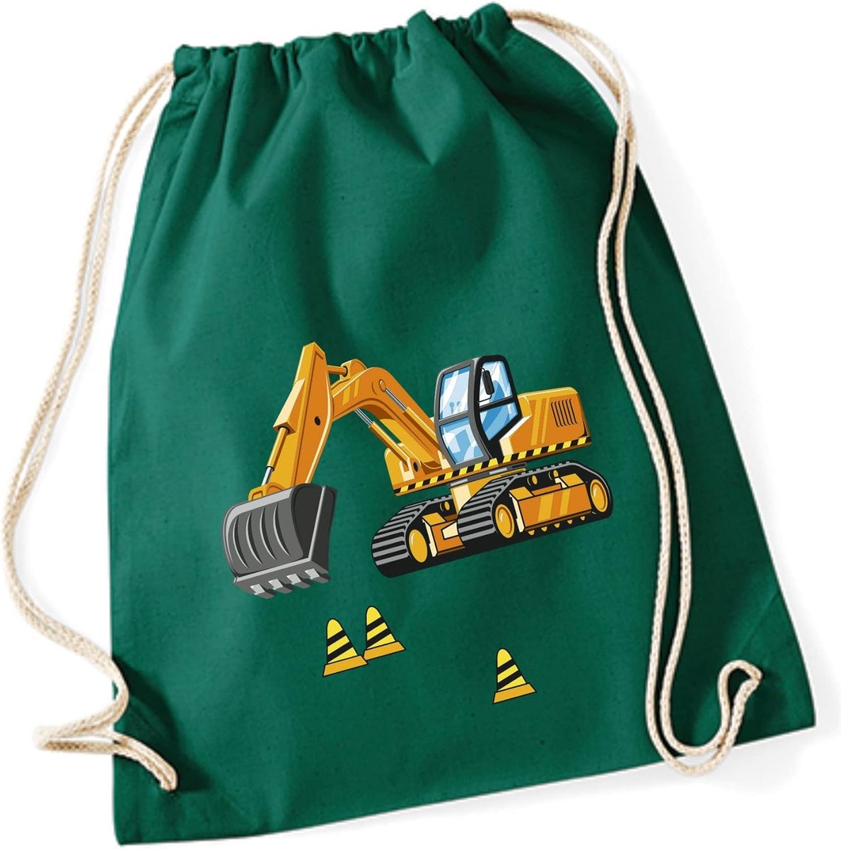 SnelShoppen - Gymtas Jongens Graafmachine en Bouwplaats, Katoenen Trekkoord Rugzak voor Kinderen, 37x46cm, 12L, Blauw, Grijs, Rood, Turquoise, Ideaal