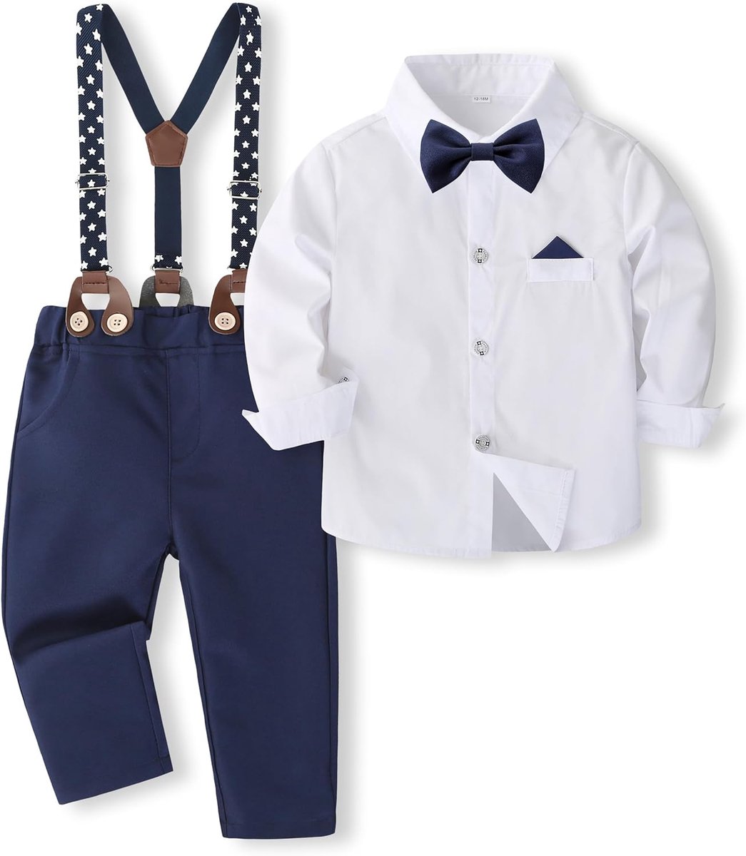 SnelShoppen - 4-delige Volunboy Bruiloftsset voor Baby's en Kinderen, Katoenen Kostuum met Shirt, Vlinderdas, Bretels en Broek voor Feesten en Special
