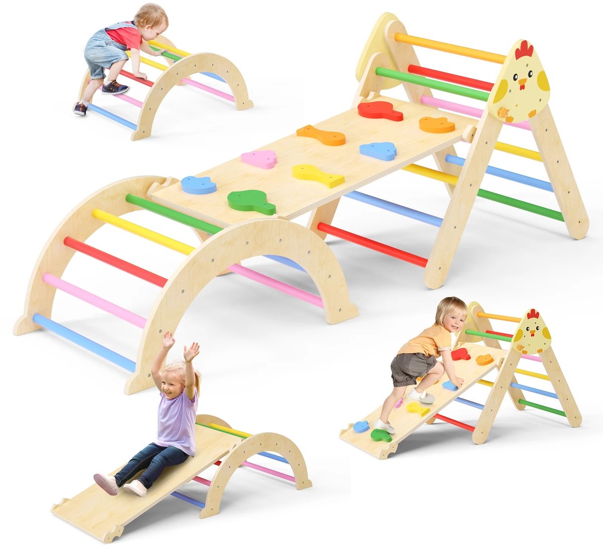 Lilac & Lily Montessori Klimtoestel – Houten Speeltoestel met Glijbaan, Klimboog - Dreumes & Peuter Gym - 7 in 1 Klimrek - Kleur