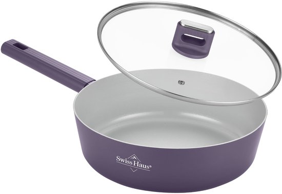 Swiss Haus® SCDF24T Hapjespan met Deksel – Ø24 cm / 2.8L - Inductie & Alle Warmtebronnen – PFAS Vrij – Braadpan – Antiaanbaklaag – Paars