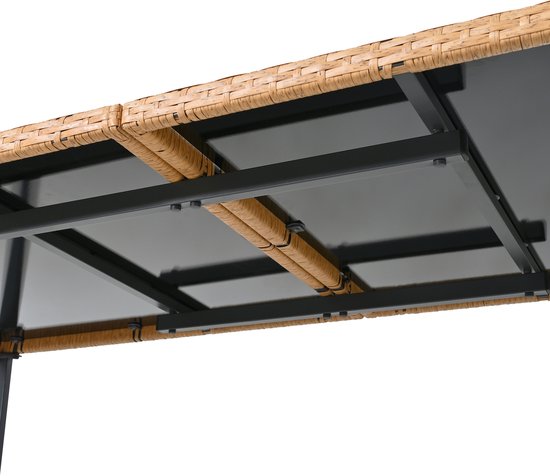 Onderkant van een tafel met een bruine rotan rand en een zwart glazen tafelblad.