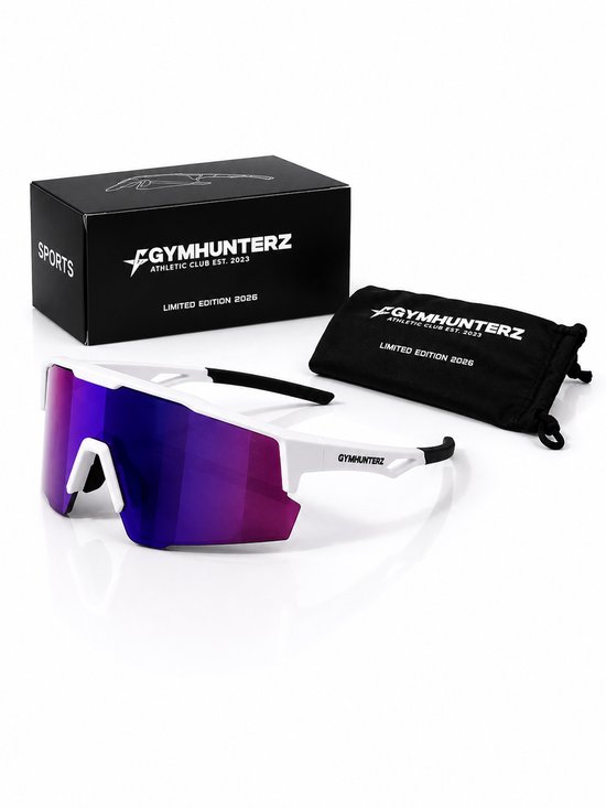 Witte sportbril met paarse spiegelglazen, op de bril staat GYMHUNTERZ. Inclusief opbergzakje en doos.