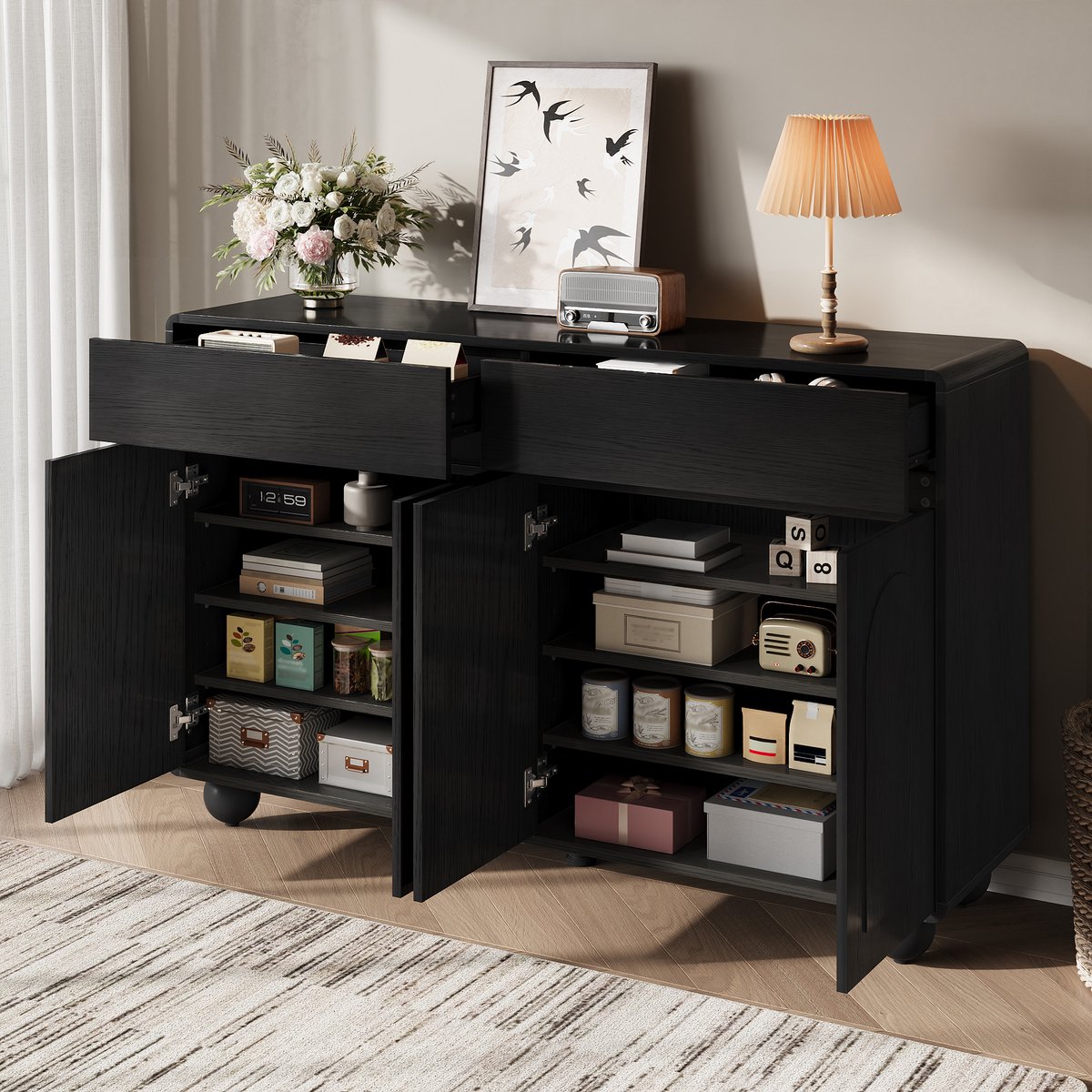 Wishdor - Buffetkast - gebogen deuren en 2 laden - 4-deurs opbergkast - modern - woonkamer - houtlook en metaal - zwart - 140 x 38 x 89 cm
