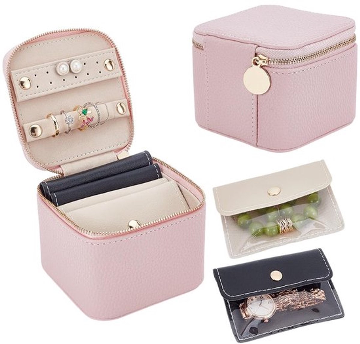 Reis Sieraden Doos met 4 Opbergcompartimenten Draagbare Faux Leer Sieraden Doos voor Oorbellen, Ringen, Kettingen, Armbanden, Roze, 11 x 10,5 x 8,2 cm