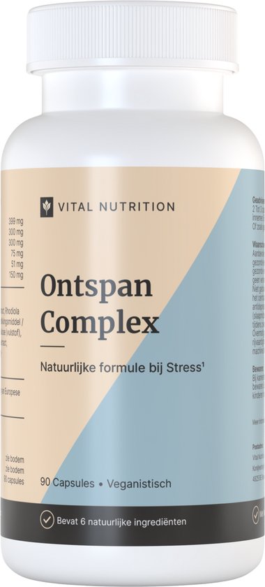 Fles Ontspan Complex met een beige en lichtblauwe labelverdeling en de tekst 'Natuurlijke formule bij Stress'.
