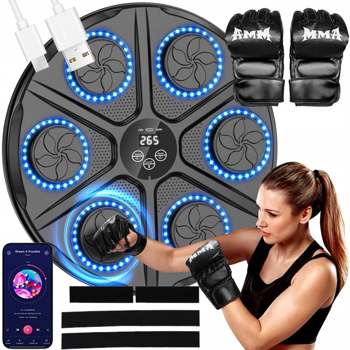 Boxing Machine met Muziek - Wandboksdoel - LED-display - Bluetooth - 12 modi - snelheid instelbaar - schokdempend - met handschoenen - voor thuis en stressverlichting