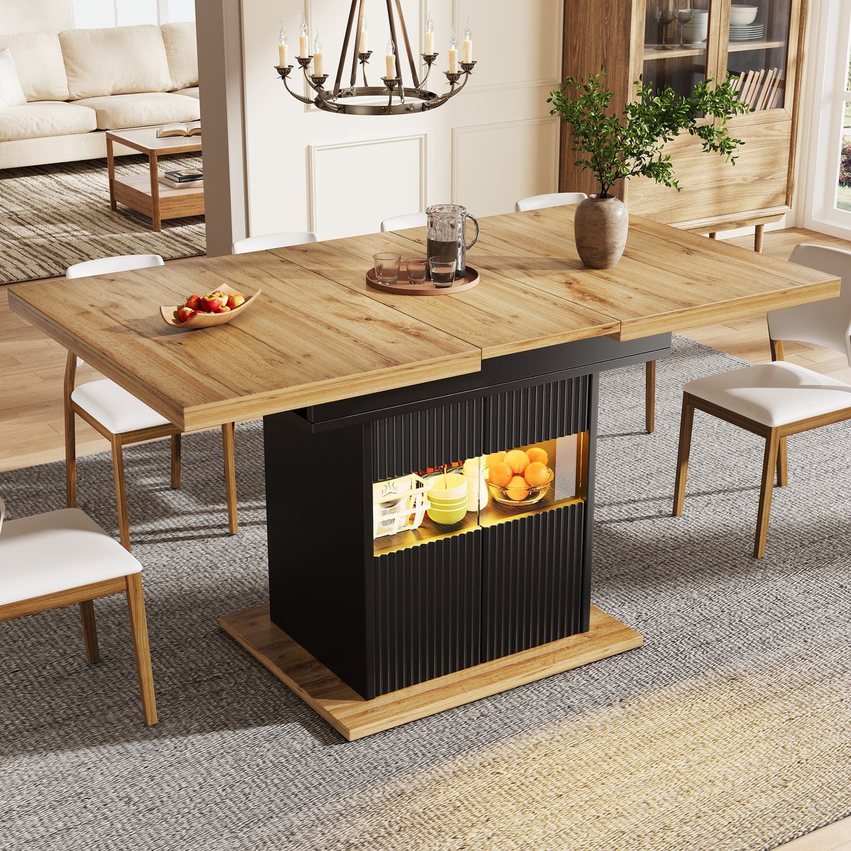 PHOEBE CAT Uitschuifbare Eettafel - 110-140 x 80 x 76 cm - Met opbergruimte - LED-verlichting - Verstelbare planken - Zwart + Naturel