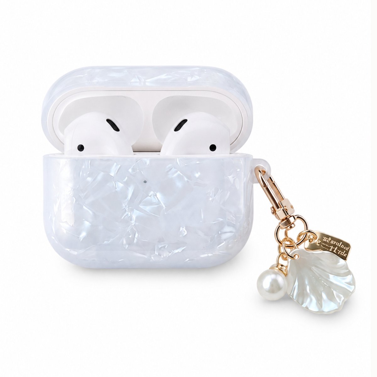 Enluxe Case geschikt voor Airpods 4 - Wit Parelmoer - Hardcase met Schelphanger en Parel, Schokbestendig