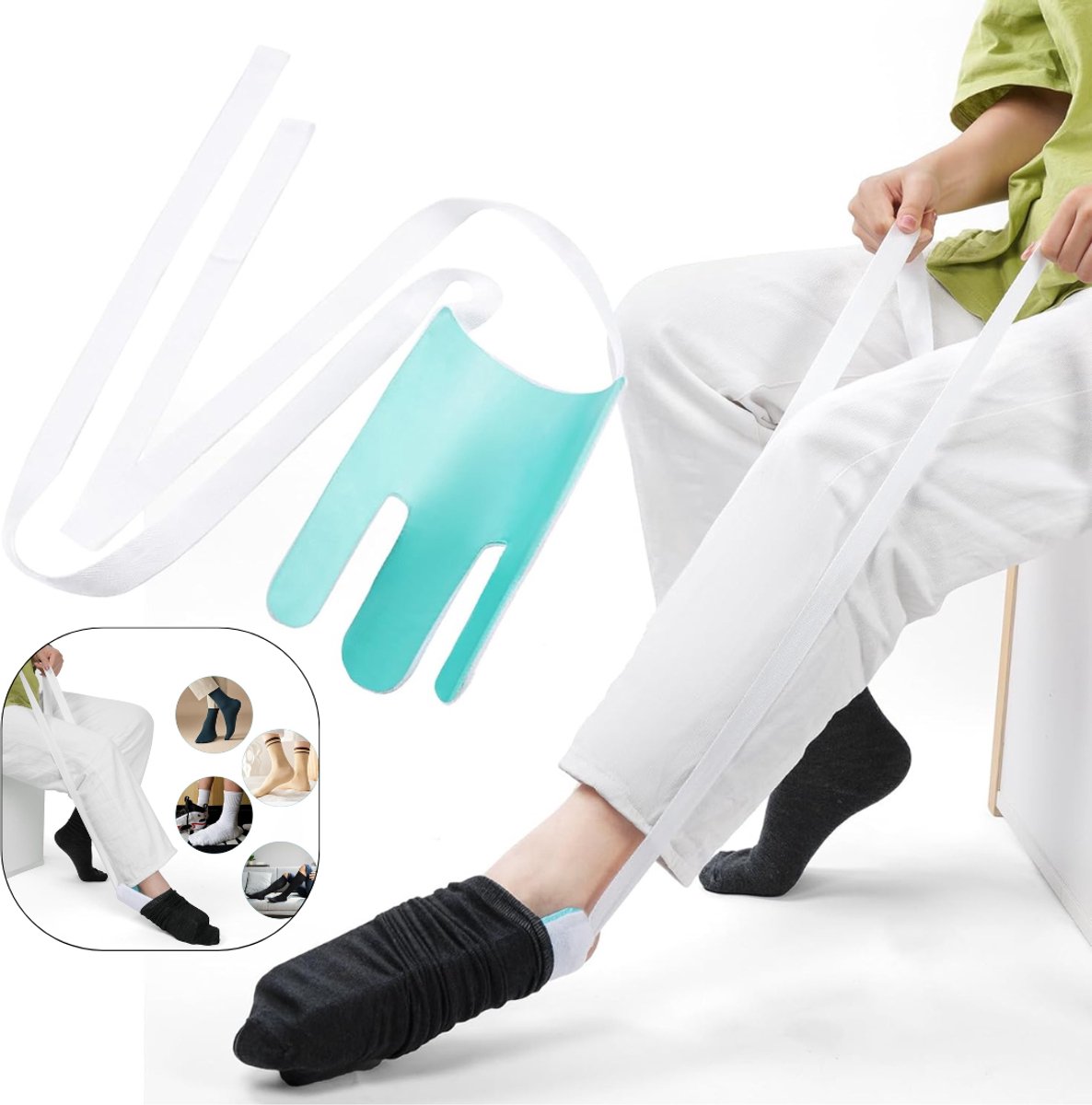 CLGP® Sokaantrekker - Sokophaler - Hulpmiddel Ouderen - Blauwgroen met wit