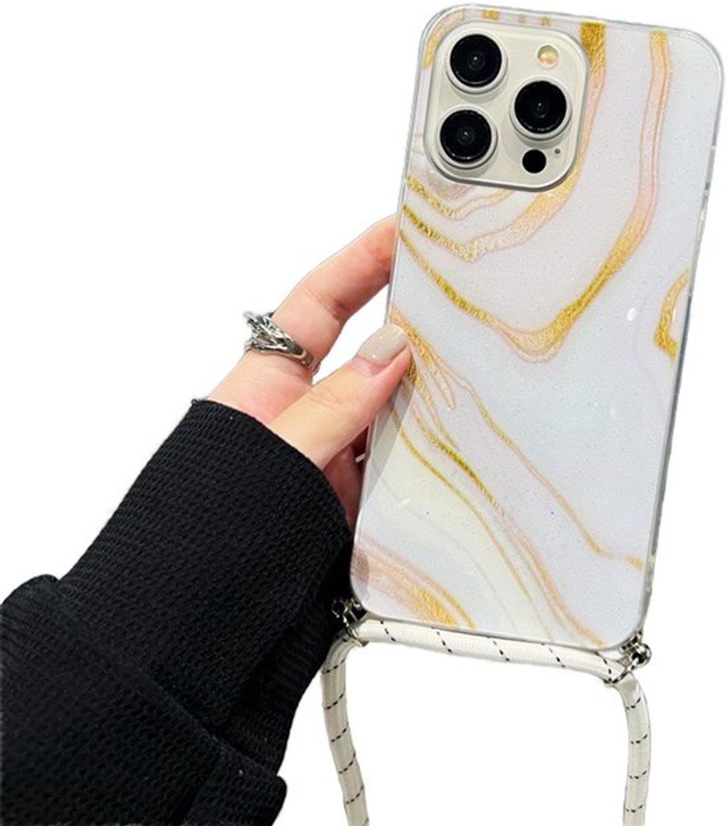 Marmer Look Telefoonhoesje met Schouderkoord – Geschikt voor Apple iPhone 16 Pro – Luxe & Stijlvolle Bescherming - Wit