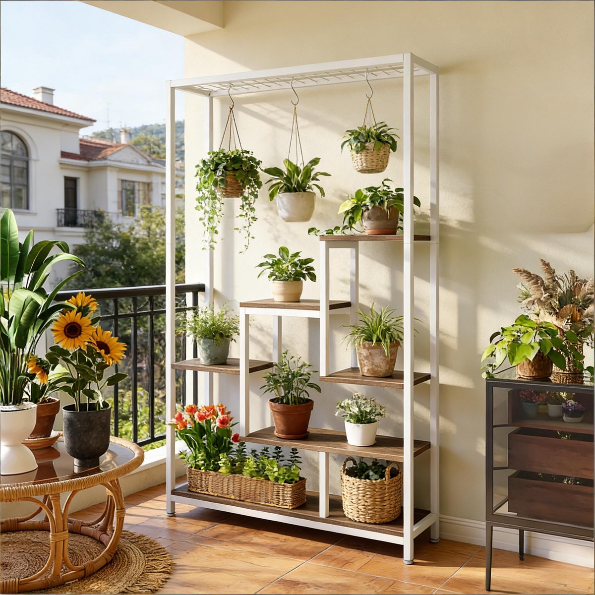 OKWISH Ladderkast – 100 x 30 x 180 cm – 7 Open Planken – Metaal En Spaanplaat – Beige En Wit – Voor Planten En Decoratie