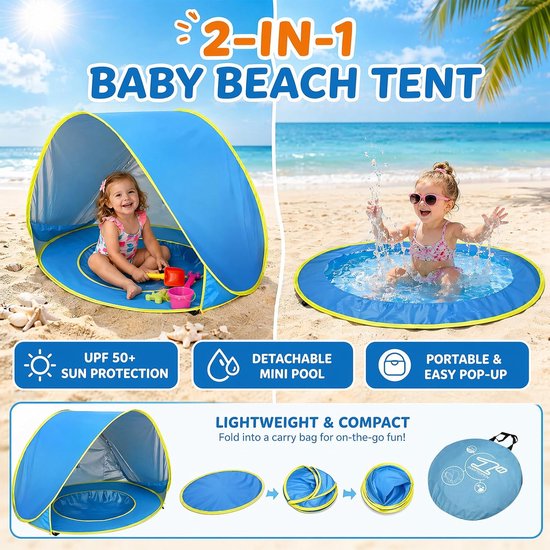 SnelShoppen - Pop-up Strandtent met UV-bescherming 50+ voor Baby's - Draagbare Mini-Zwembad Tent - Afneembaar Dak - Windscherm voor Peuters - Perfect van Snelshoppen — afbeelding 2