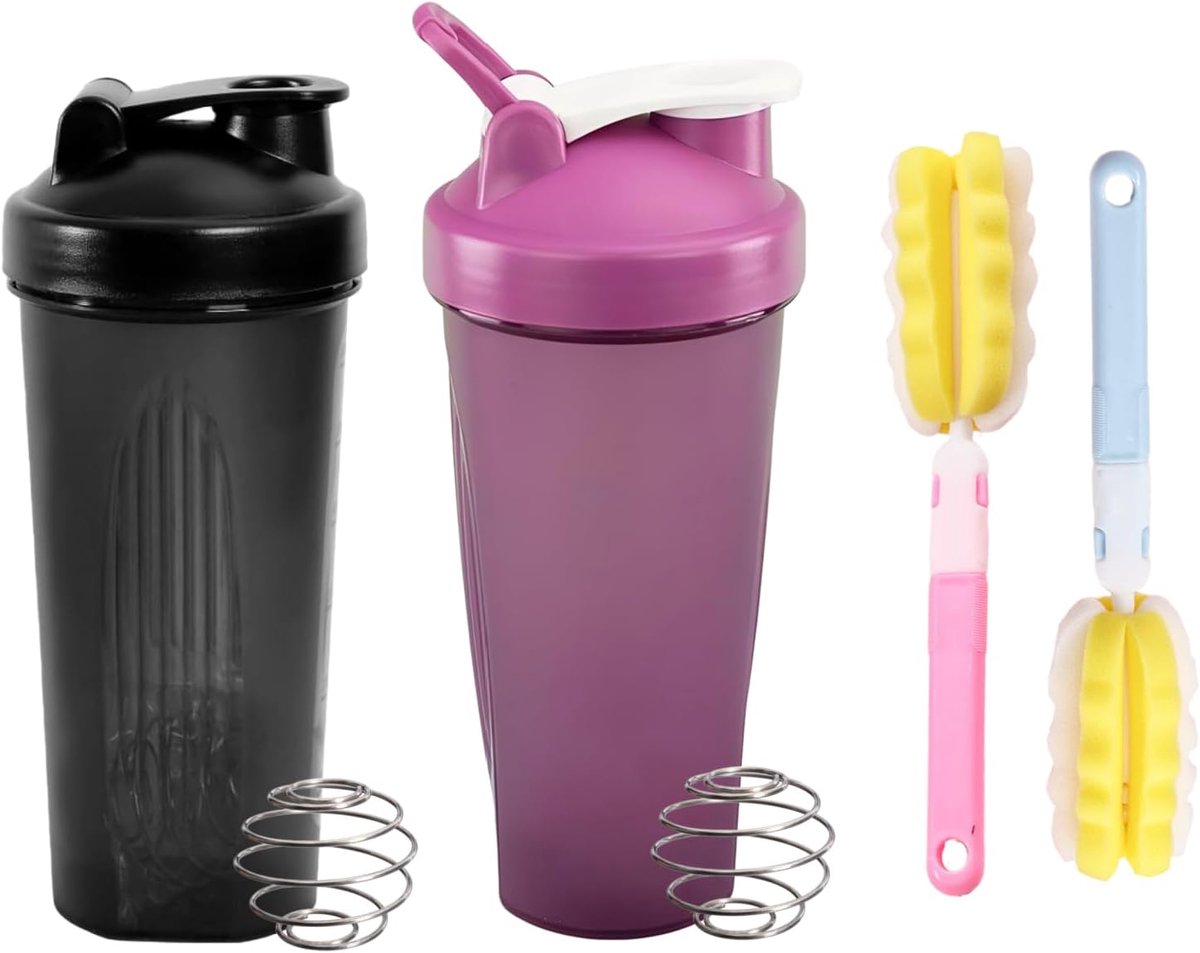 SnelShoppen - 2 stuks proteïneshakerfles, lekvrij met roestvrijstalen mixballen, 600 ml, ideale eiwitshakers voor fitness, sport, outdoor, en road tri