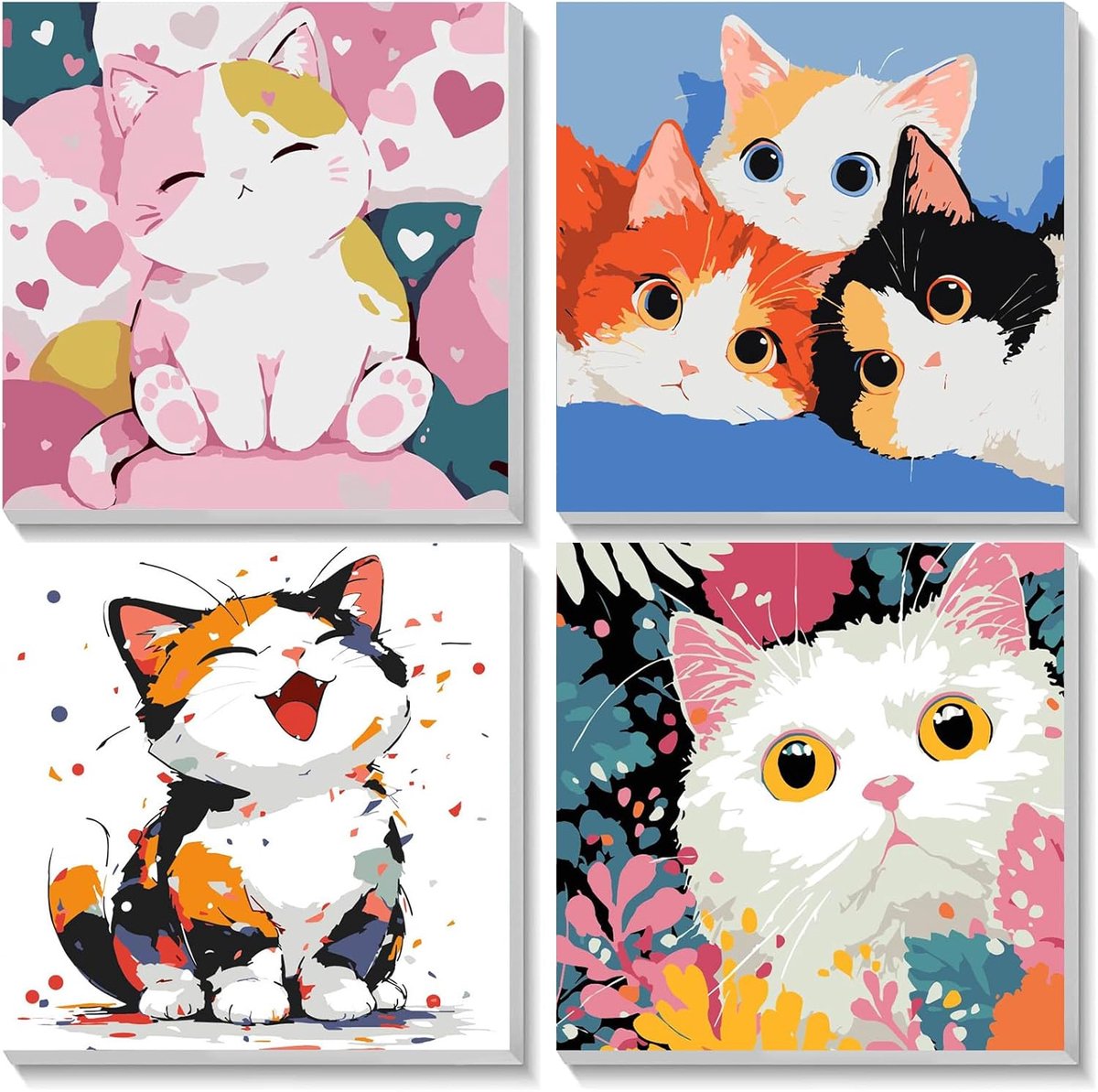 SnelShoppen - Schilderen op Nummer Set 4 Pack Katten met Lijst, DIY Acryl Olieverf Schilderijen voor Cadeaus en Woondecoratie 20x20cm, Ideaal voor Kin