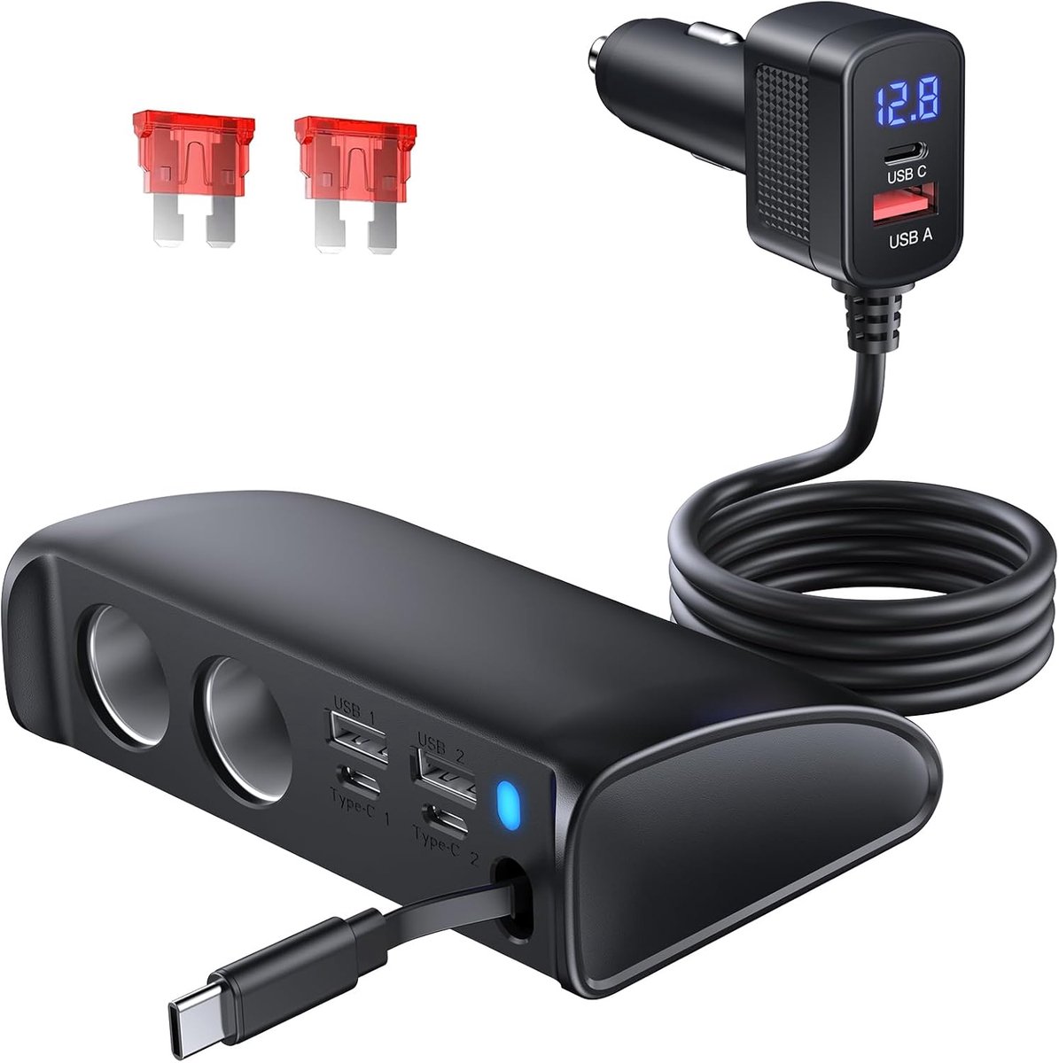 SnelShoppen - Intrekbare Autolader Adapter - 9-in-1 Sigarettenaansteker Splitter 148W 12V/24V QC3.0 USB Auto-Adapter Multi-Socket met Voltmeter voor T