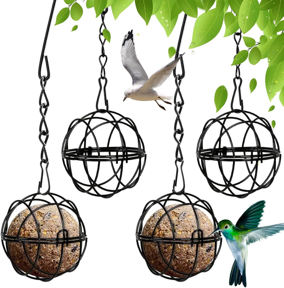 SnelShoppen - Fat Ball Vogelvoederbak 4 Stuks Metalen Suet Ball Feeders Met 4 S-Haken, Hangende Eekhoornbestendige Vogelvoeders Voor Buiten, Tuin, Ach
