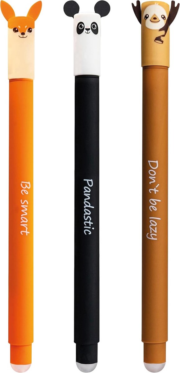 Thijox - Uitwisbare Gelpennen 0,7 mm - Set van 3 Animal Erase it - Panda, Vos, Luiaard - Ideaal voor School, Kantoor, Creatief Gebruik - Blauw