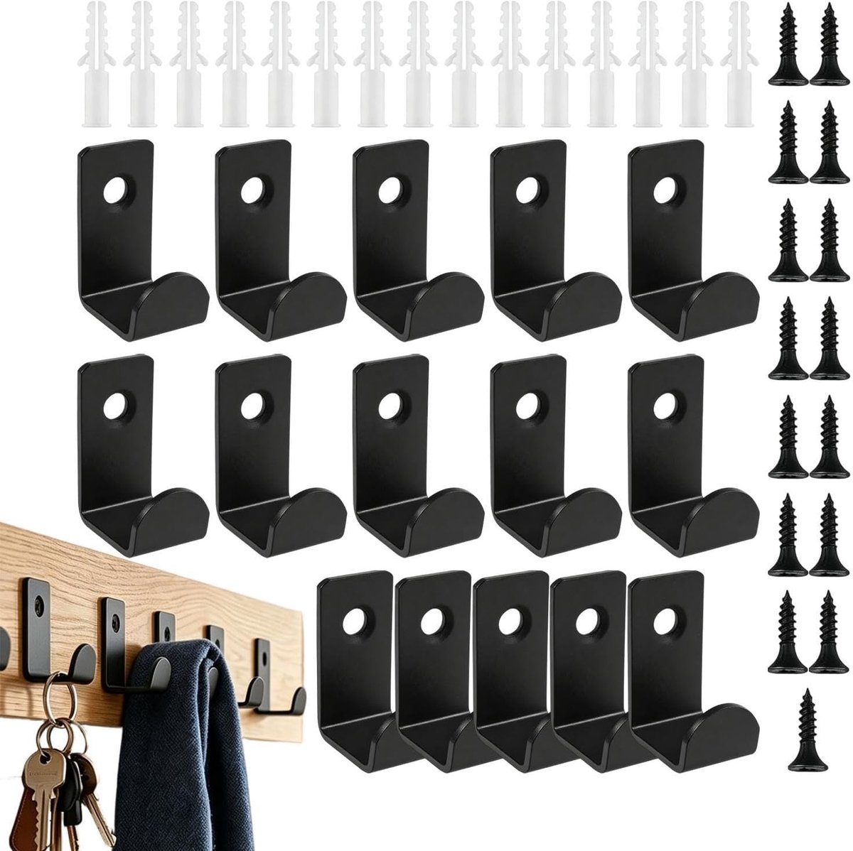 SnelShoppen - Set van 15 Heavy-Duty Zwarte Jashaken | Zwarte Hangers met Schroefmontage voor Badkamer, Keuken, Woonkamer, Kast, Garage en Wasruimte