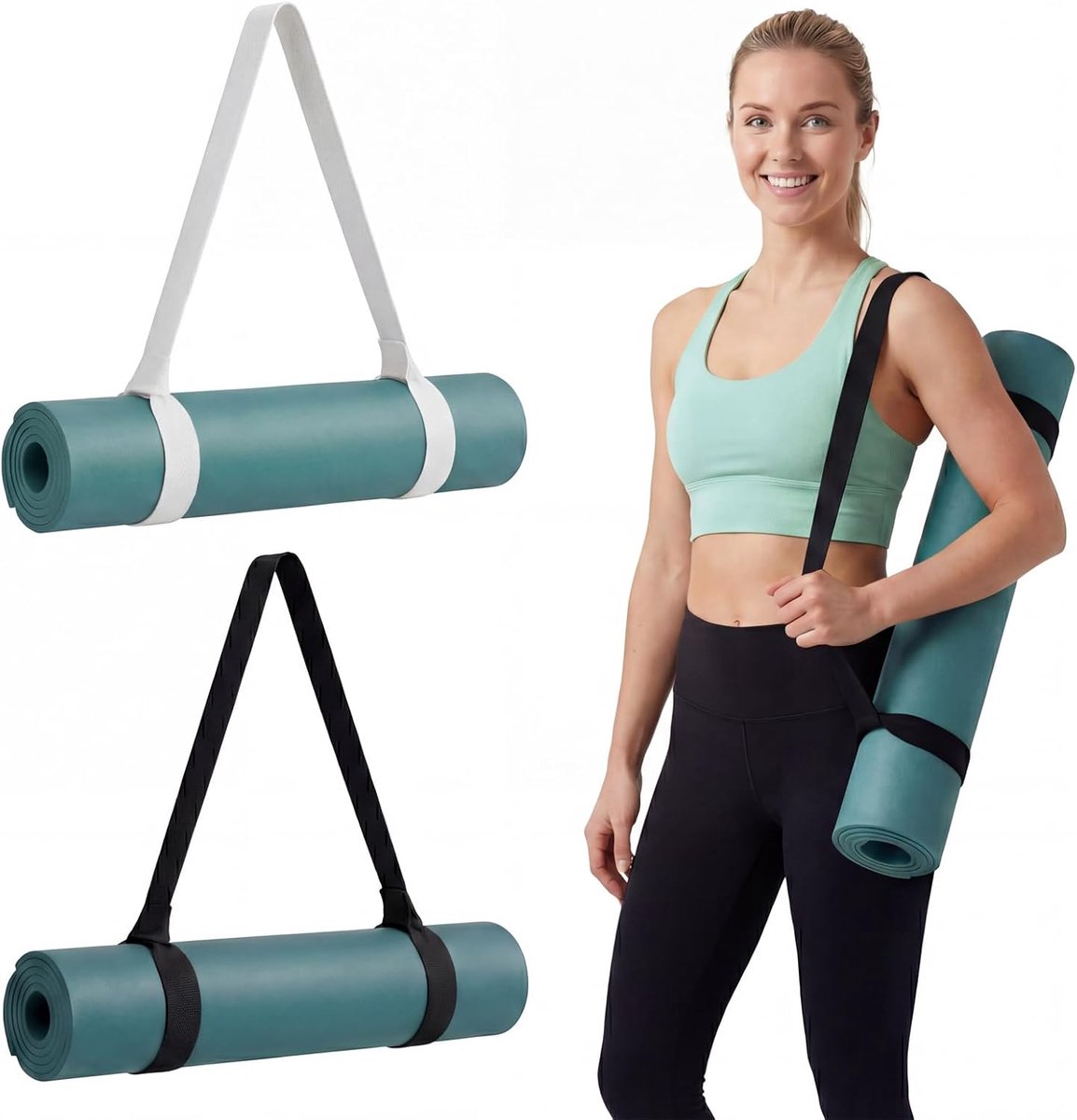 SnelShoppen - 2 Stuks Draagriemen voor Yogamatten - Verstelbare Fitnessmat Riemen - 3,8 x 150 cm - Zwart/Wit - Ideaal voor Yoga, Workout en Sport