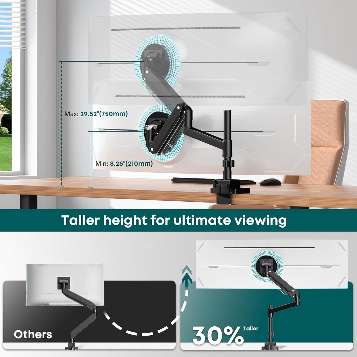 SnelShoppen - Ultrawide Monitor-Arm Heavy Duty 24-57" - Aluminium Enkele Paal Monitorbeugel tot 26,9 kg, Hoogte Verstelbare Bureaumontage Standaard, V thumbnail 4