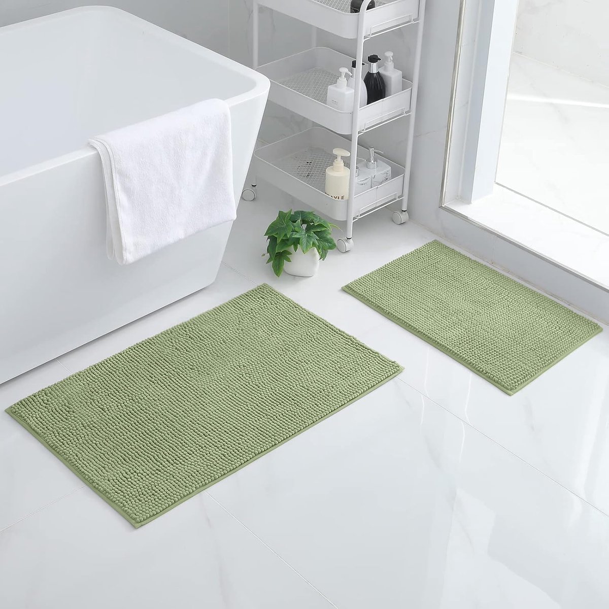SnelShoppen - Chenille Badkamerteppich Set 2-delig Antislip Badmat Set Zacht Absorberend Badtapijt Wasbaar Badvoorlegger - 40x60 cm + 50x80 cm, Salieg