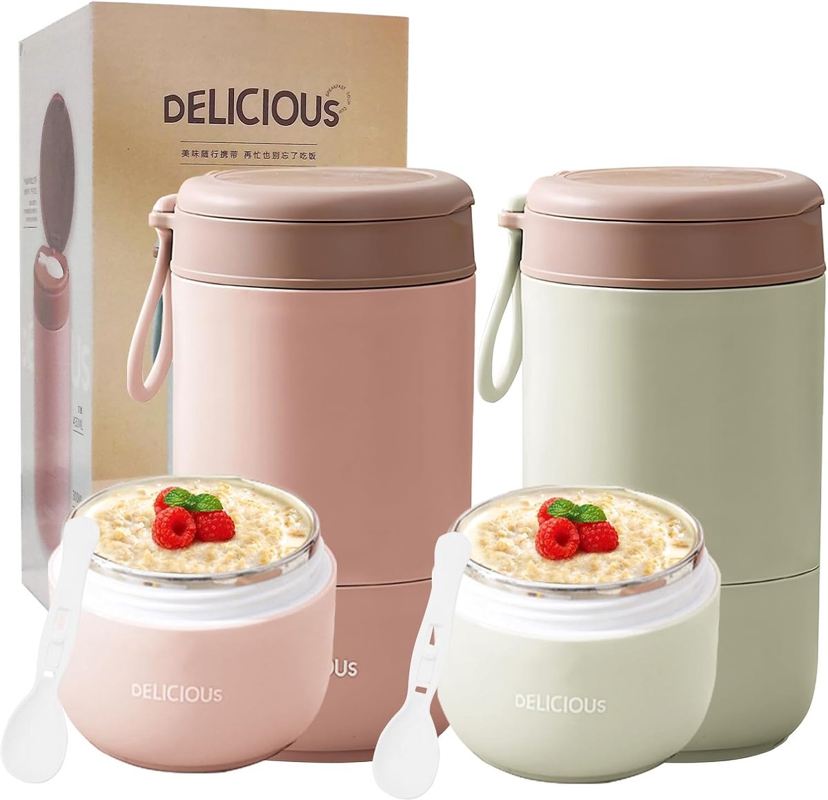 SnelShoppen - Müslibecher To Go 730ml Roestvrij Staal Lekvrij Yoghurtbeker met Deksel en Lepel - Dubbellaags Inmaakpot voor Werk, School, Picknick - R