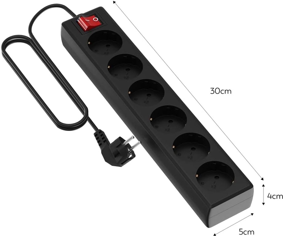 SnelShoppen - 6-voudige Stekkerdoos Schuko met 3 Meter Kabel - Zwart - Perfect voor Thuis, Kantoor, Feest, Camping en Meer