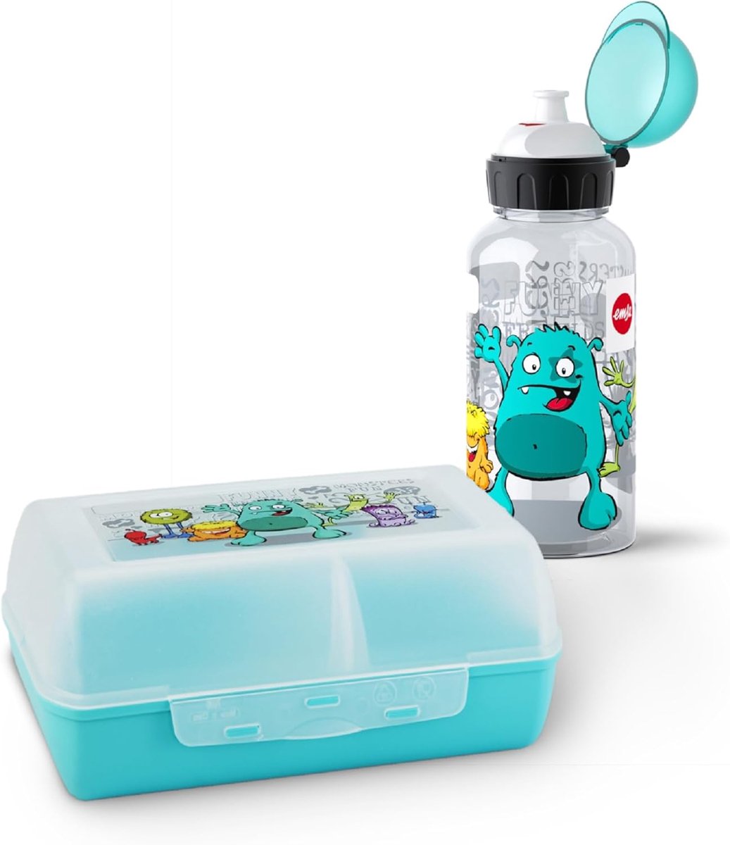Thijox - Emsa Kids Set Drinkfles + Broodtrommel met Monster-Motief, Lekvrije Tritan Fles 400ml, Roze, Perfect voor Kinderen, School, Uitstapjes en Mee