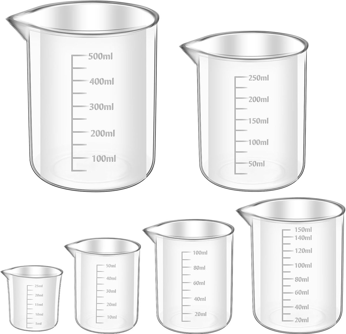 SnelShoppen - Maatbekerset 6 Stuks - Precisie Maatbekers 25ml, 50ml, 100ml, 150ml, 250ml, 500ml - Hittebestendig Kunststof - Voor Keuken, Laboratorium