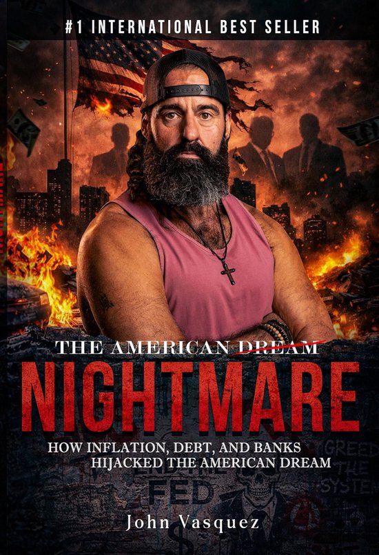 Boekomslag 'The American Nightmare' van John Vasquez, met een man met baard en pet, op de achtergrond brandende stad en Amerikaanse vlag.