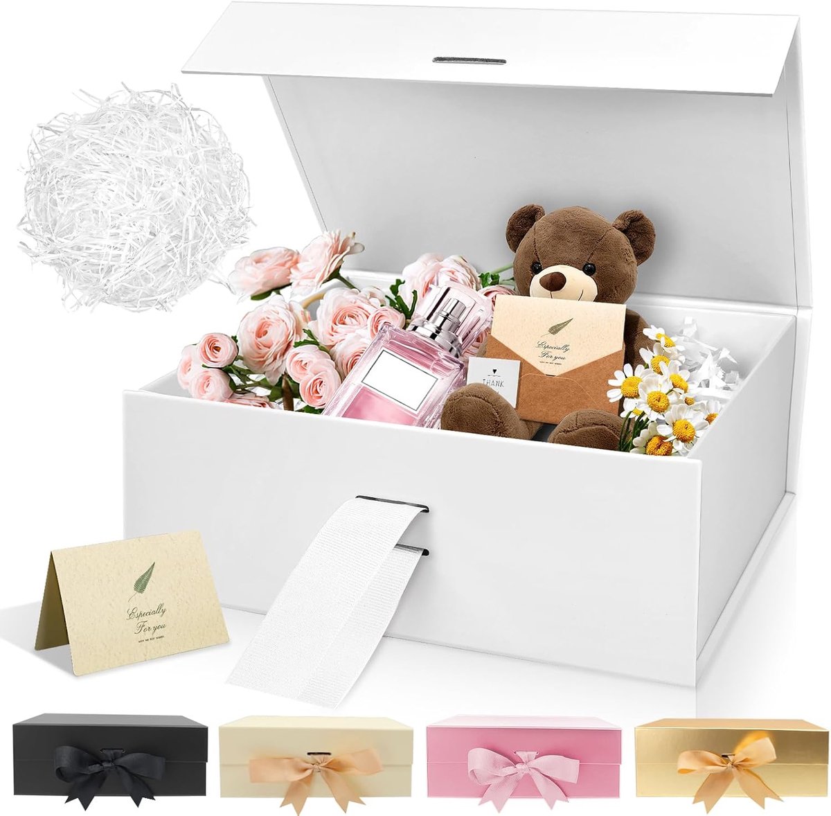 SnelShoppen - Witte Geschenkdoos 22x16,5x8,5 cm met Lint, Papier en Wenskaarten - Feestdoos voor Bruiloft, Verjaardag, Moederdag, Feestdagen en Cadeau