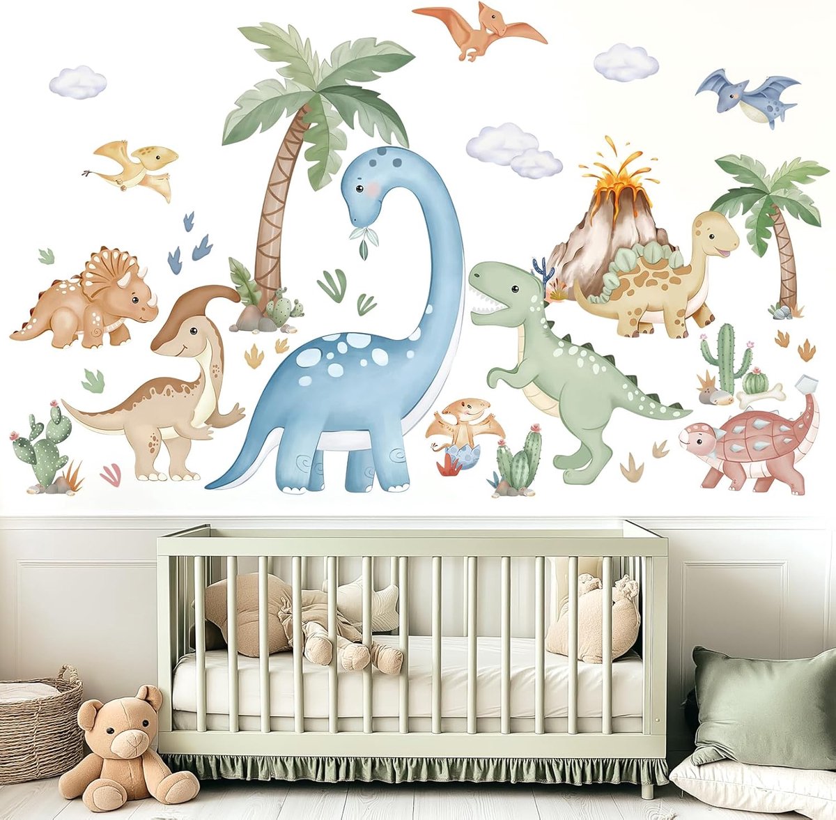 SnelShoppen - Grote Boho Dinosaurus Muurstickers Waterverf Dino Tropische Planten Vulkaan Schil en Plak Muurkunst Decals voor Baby Kinderkamer en Kind