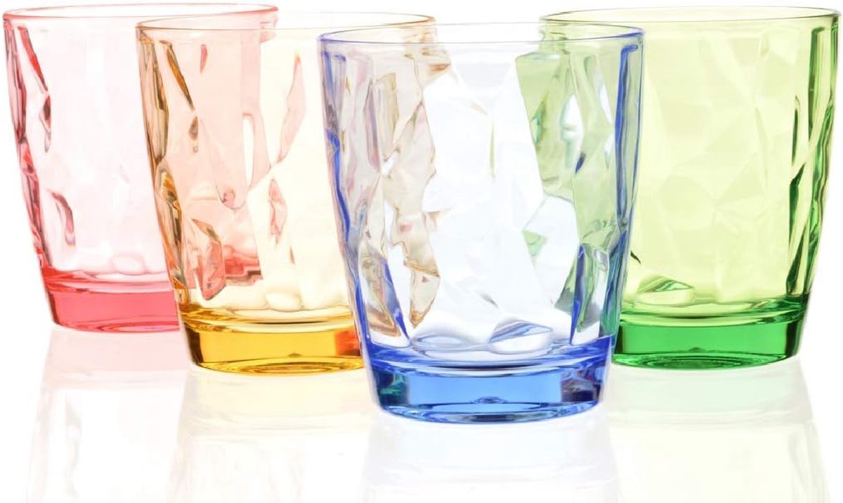 SnelShoppen - Set van 4 herbruikbare glazen waterglazen 300 ml, plastic bekers in 4 kleuren, ideaal voor feest, camping, kinderen, tuin en keuken