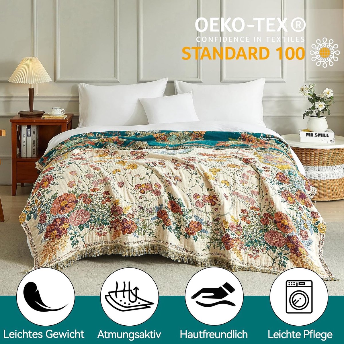 SnelShoppen - Boheemse plaid 230 x 250 cm, 100% katoen, dubbele mousseline, knuffeldeken met franjes, ivoor/groen, luxe boho deken voor bank, kamer, f
