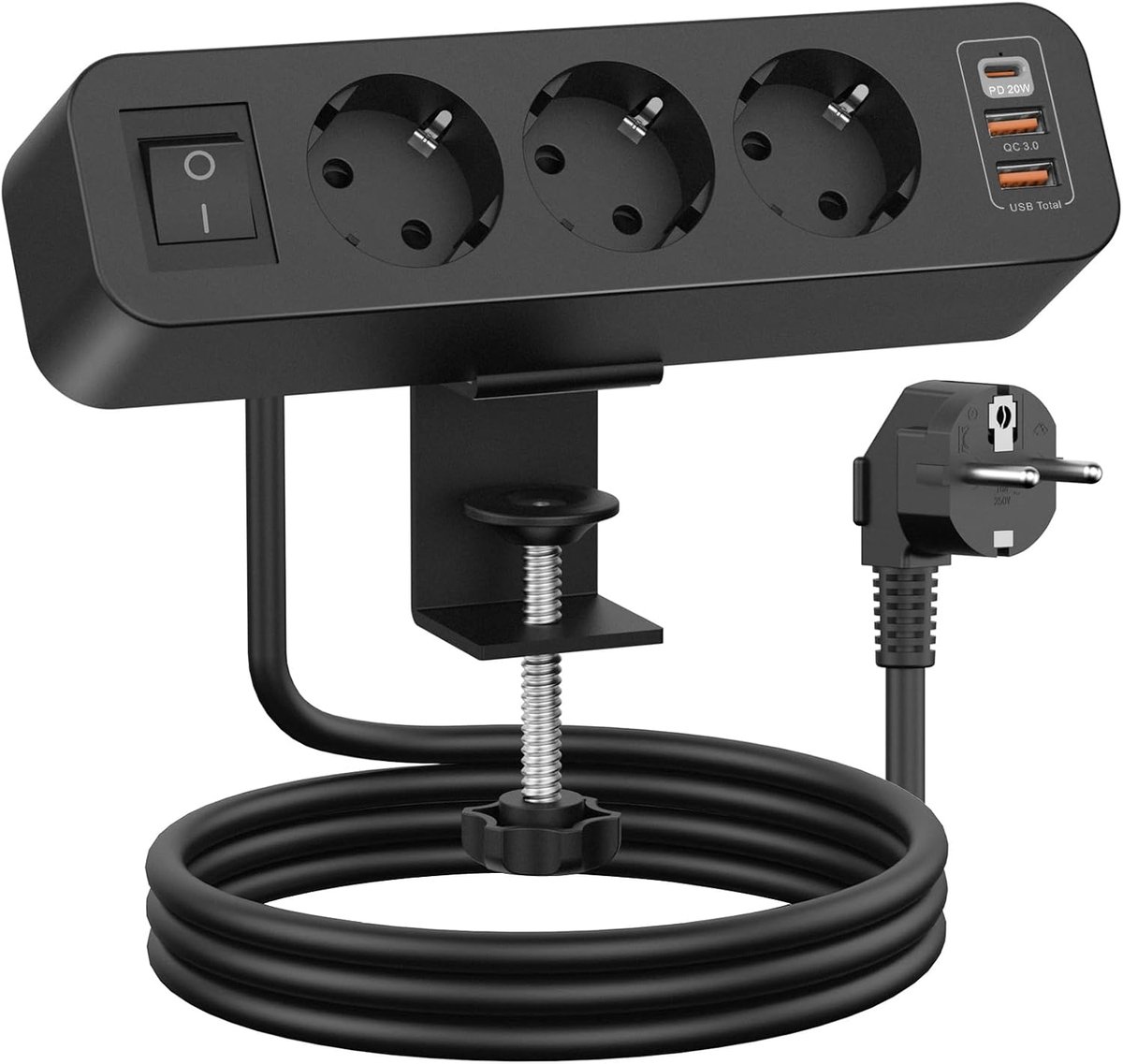 Thijox - Tafelstopcontact 7-in-1 met 3 Compartimenten, 3 Europese Stopcontacten, 3 USB Poorten, 2 QC en Type C PD 20W, 2m Kabel voor Thuis en Kantoor