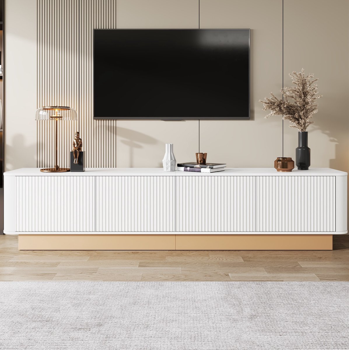 Wishdor - TV-Lowboard - 200 cm geribbeld 4-deurs dressoir met verstelbare planken en kabeldoorvoer - modern minimalistisch voor woonkamer - houtlook wit
