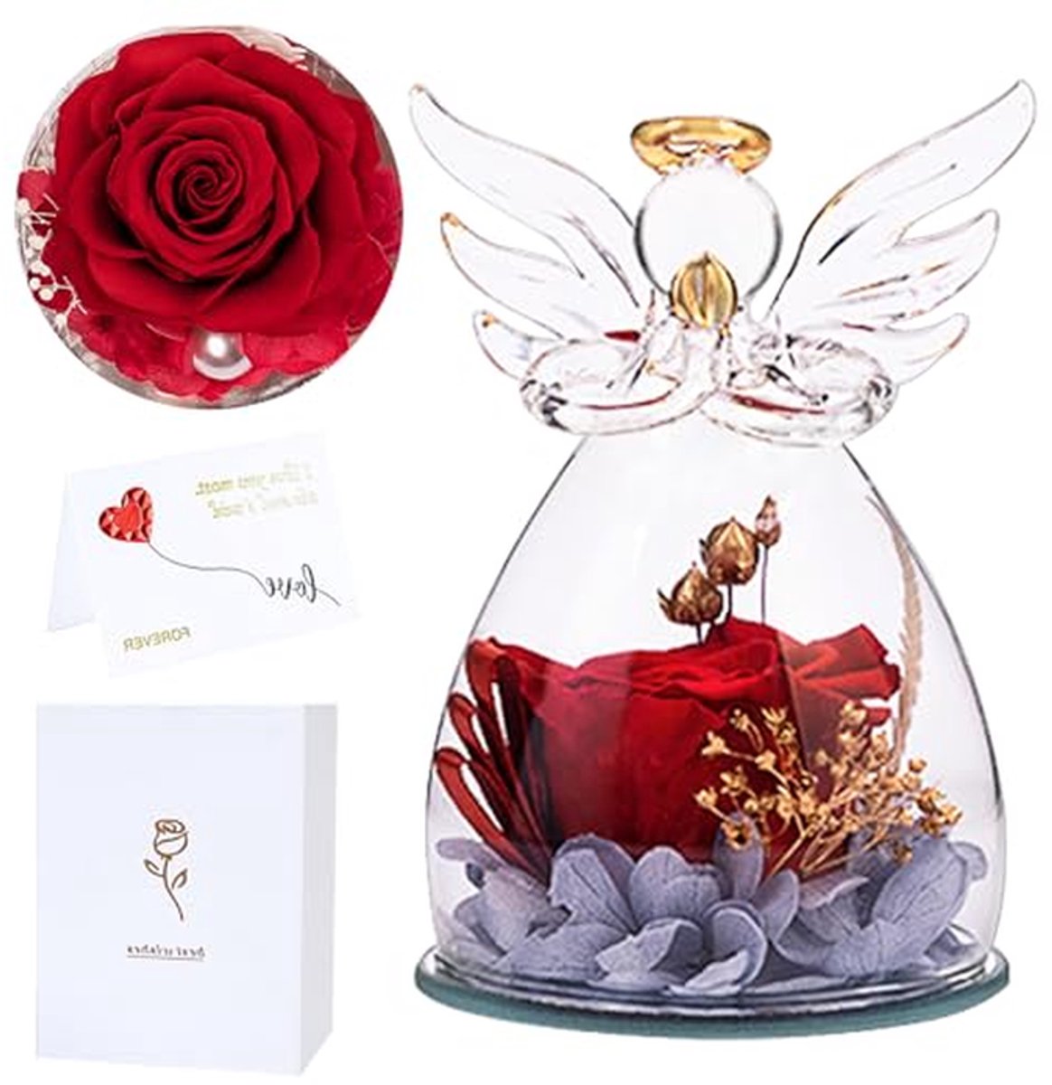 Roos in glas - Bewaarde bloem - Cadeau geven - Met engelfiguur - 7 x 7 x 11 cm - Rood